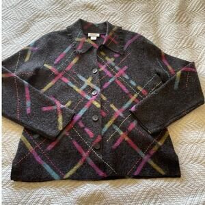 Vintage Talbots Boiled Wool Grey & Rainbow Disco Button Up Fringe Cardigan Med